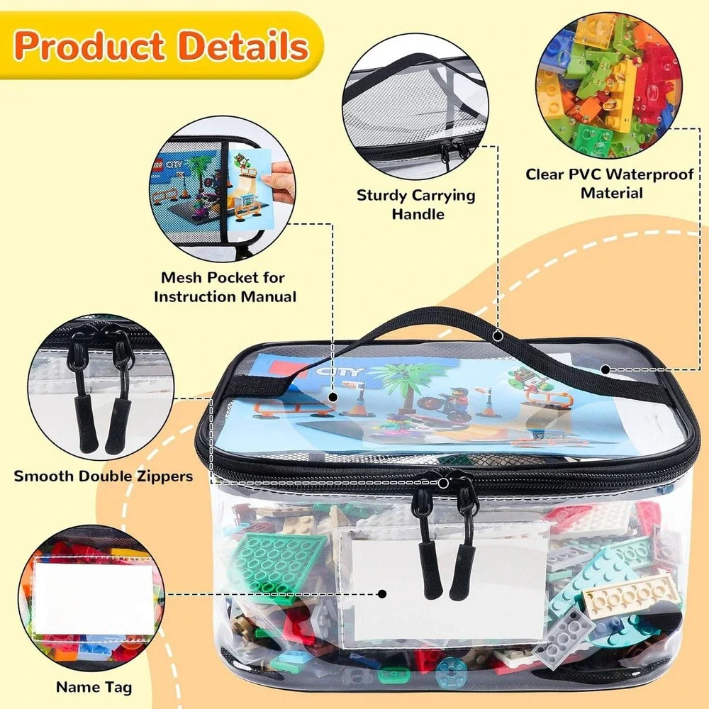 Tesuko Clear PVC Toy‎ Storage Bags Organizer Handles Name Tag Mesh Pocket 6 Pk